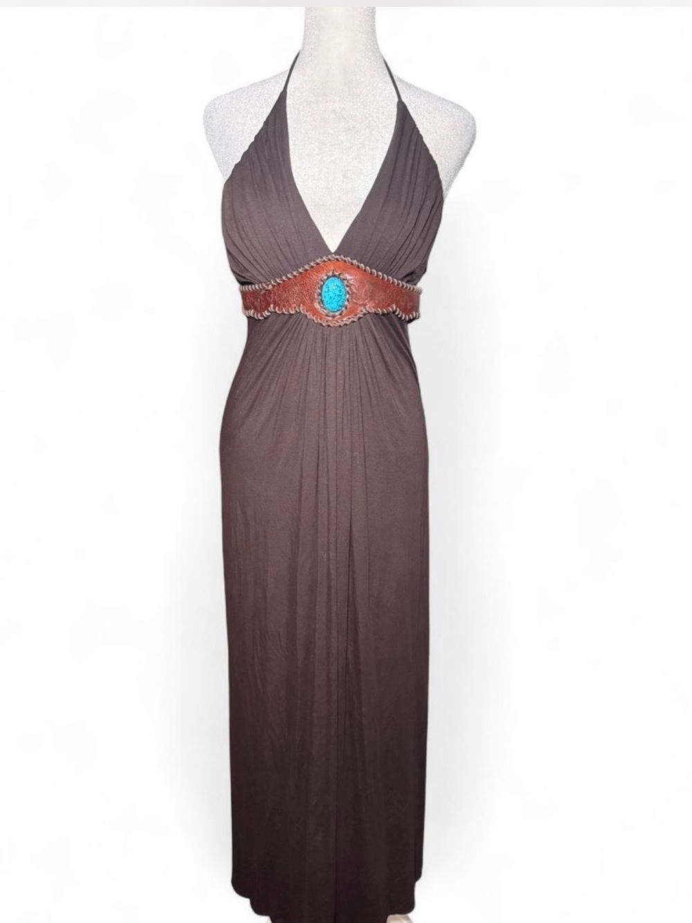 Brown Halter Maxi Dress with Turquoise Waist Accent
